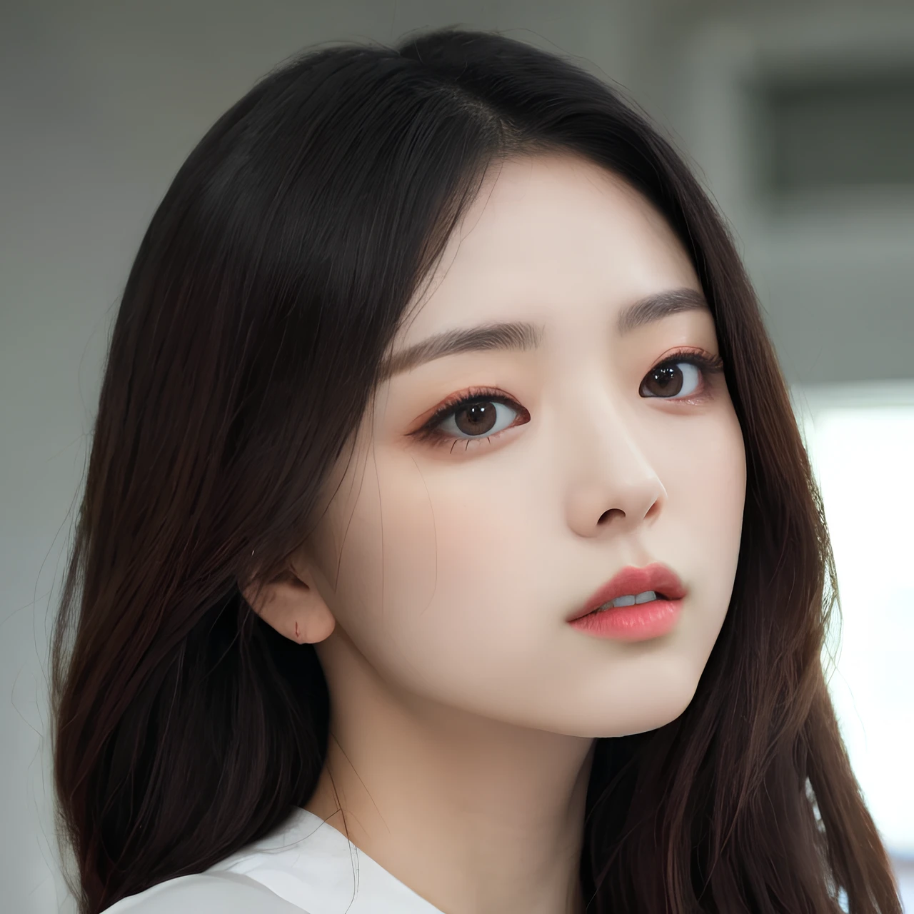 hyper realistic lifelike texture dramatic lighting unreal engine trending on art station, award winning photo, nikon RAW photo,8 k, Fujifilm XT3,masterpiece, best quality, realistic, photorealistic, ultra detailed, extremely detailed face, solo,1girl, standing, fashionable and trendy atmosphere, high-end makeup products, and a stylish expression on her face, close up, t-shirt,