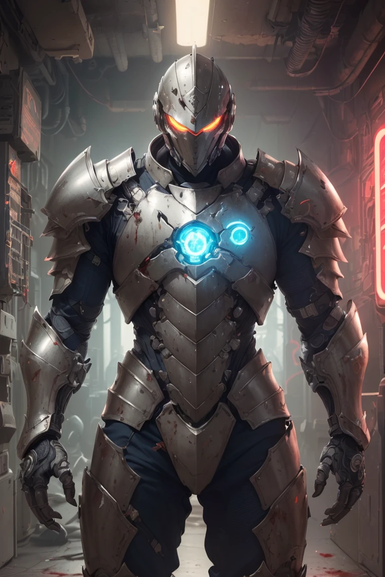 (masterpiece, top quality, best quality, official art, beautiful and aesthetic:1.2),(1man with full armor:1.3),neon lighting, (vibrant glow:1.2), extreme detailed,colorful,highest detailed ((ultra-detailed)), (highly detailed CG illustration),cinematic light,solo,(machine made joints:1.2),((machanical limbs)),(blood vessels connected to tubes),(character focus),science fiction