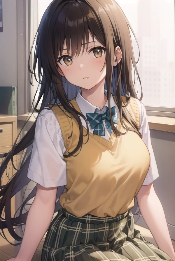kotegawayui, <lora:yuikotegawatest:1>,
yui kotegawa, black hair, (brown eyes:1.5), long hair,
BREAK green skirt, plaid, plaid skirt, sainan high school uniform, school uniform, skirt, sweater vest, (yellow sweater:1.3), short sleeves,
BREAK looking at viewer,
BREAK indoors, classroom,
BREAK <lora:GoodHands-vanilla:1>, (masterpiece:1.2), best quality, high resolution, unity 8k wallpaper, (illustration:0.8), (beautiful detailed eyes:1.6), extremely detailed face, perfect lighting, extremely detailed CG, (perfect hands, perfect anatomy),
