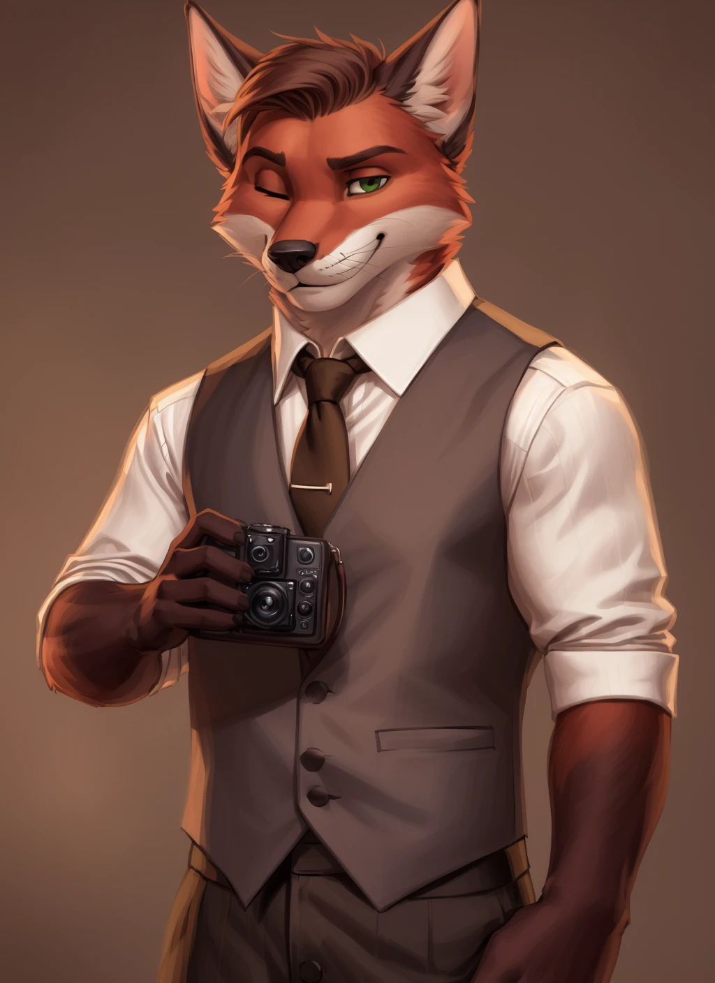 <lora:murdochV2-08:0.6>, murdoch, green eyes, mature male, (pose:1.3), (posing:1.3), (soft shading), 4k, hi res, ((detailed face, (detailed eyes:1.0), detailed)), (full body), by zackarry911, by zaush, (by personalami:0.5), looking at viewer, smile, simple background, shirt, gloves, 1boy, holding, white shirt, upper body, male focus, one eye closed, necktie, striped, collared shirt, artist name, vest, hands up, black necktie, brown gloves, brown background, outline, striped shirt, cropped torso, camera, grey vest, holding camera