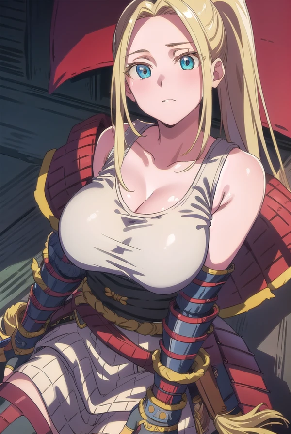 beatrixamerhauser, <lora:beatrixamerhausertest:1>,
beatrix amerhauser, long hair, blue eyes, blonde hair, gloves, ponytail, (medium breast:1.2),
BREAK gloves, fingerless gloves, armor, japanese armor, tank top, white tank top, cleavage, collarbone,
BREAK looking at viewer,
BREAK outdoors,
BREAK <lora:GoodHands-vanilla:1>, (masterpiece:1.2), best quality, high resolution, unity 8k wallpaper, (illustration:0.8), (beautiful detailed eyes:1.6), extremely detailed face, perfect lighting, extremely detailed CG, (perfect hands, perfect anatomy),