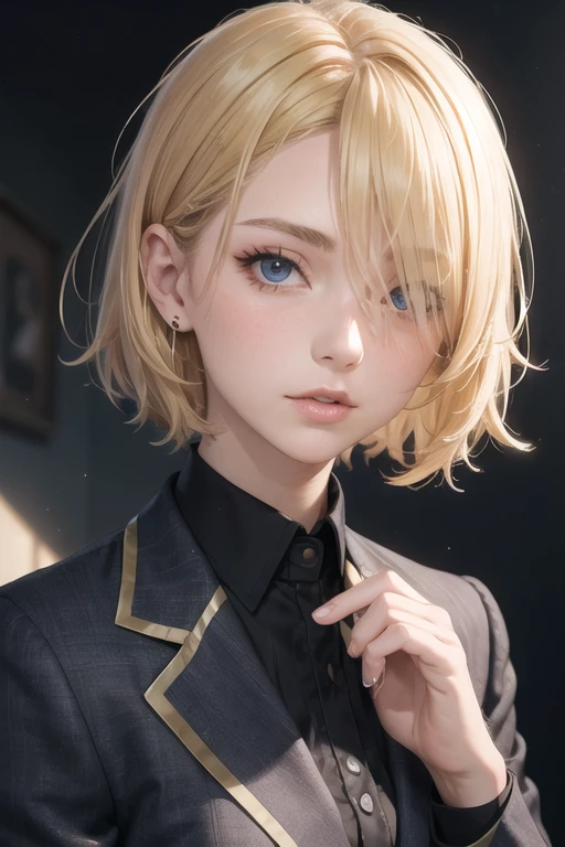 portrait of european girl,solo,20yo,beautiful face,uppser body,hair over one eye,medium sidecut, blonde hair, sharp focus,black business suit