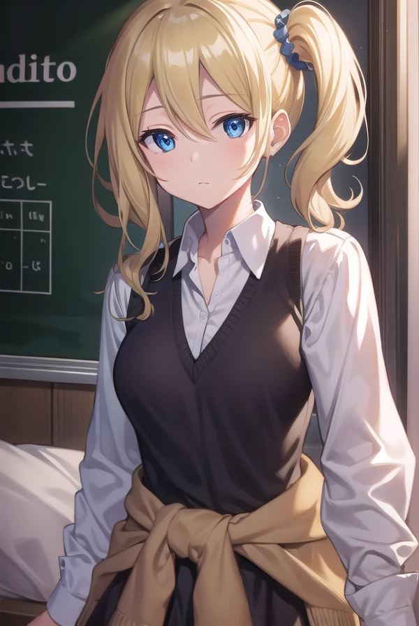aihayasaka, <lora:aihayasakatest:1>,
ai hayasaka, blonde hair, blue eyes, blue scrunchie, hair between eyes, hair scrunchie, long hair, scrunchie, side ponytail, sidelocks,
BREAK black sweater, blouse, cardigan, cardigan around waist, clothes around waist, collared shirt, dress shirt, long sleeves, school uniform, shirt, shuuchiin academy school uniform, skirt, sweater, white shirt,
BREAK looking at viewer,
BREAK indoors, classroom,
BREAK <lora:GoodHands-vanilla:1>, (masterpiece:1.2), best quality, high resolution, unity 8k wallpaper, (illustration:0.8), (beautiful detailed eyes:1.6), extremely detailed face, perfect lighting, extremely detailed CG, (perfect hands, perfect anatomy),