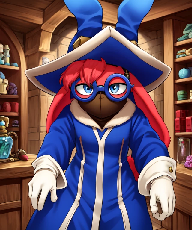 Moji,rabbit ears,fur, blue eyes, solo , standing, nervous, cowboy shot,
MJRobe,blue coat,white gloves,hat,mask, glasses,
fantasy, potion shop,
(insanely detailed, beautiful detailed face, beautiful detailed eyes, masterpiece, best quality) cinematic lighting, <lora:Moji:0.7>