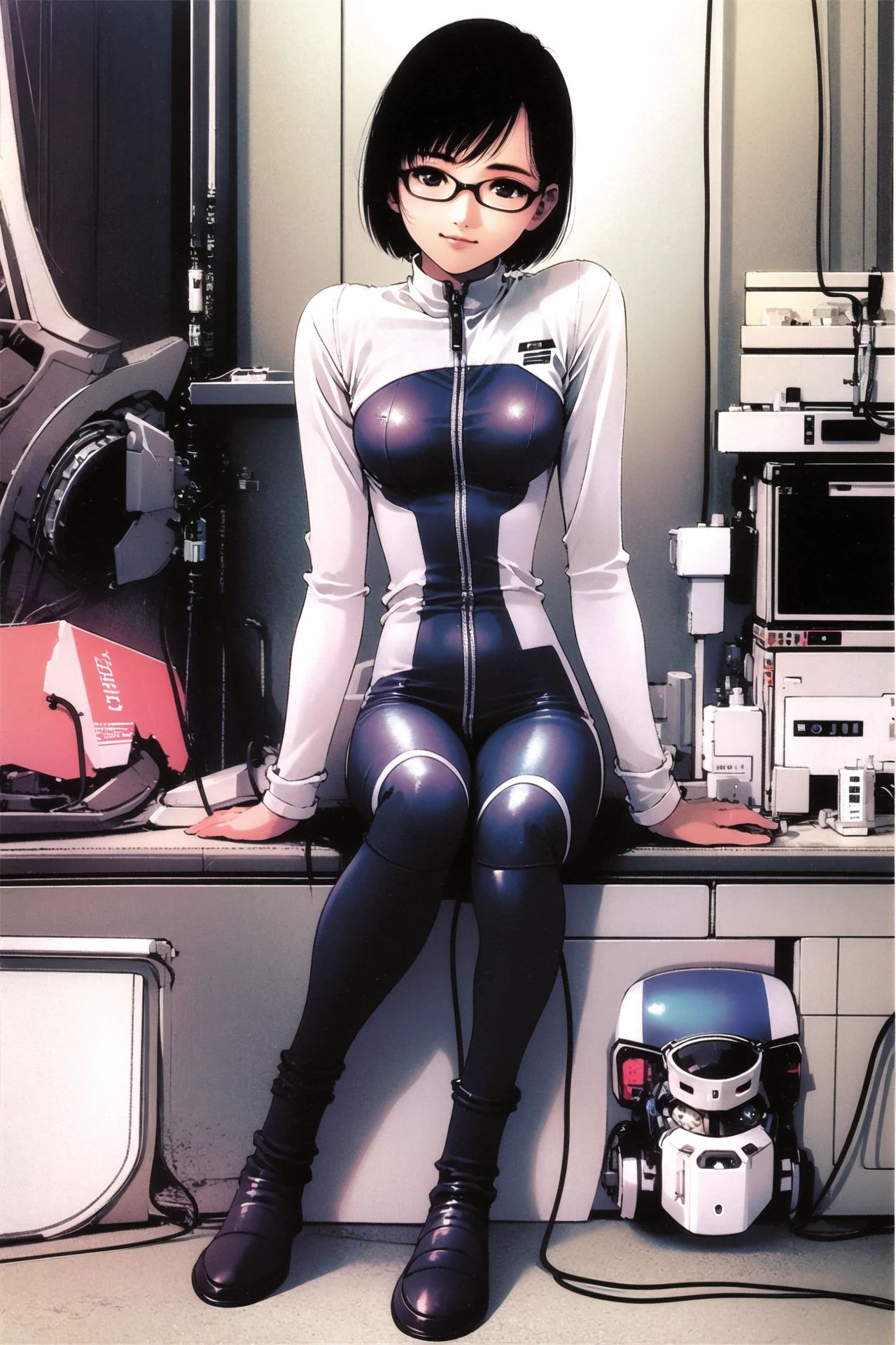 1girl, glasses, cable, bodysuit, black hair, solo, sitting, short hair, science fiction, robot, breasts, mecha, plugsuit,  <lora:msbqy:0.9>