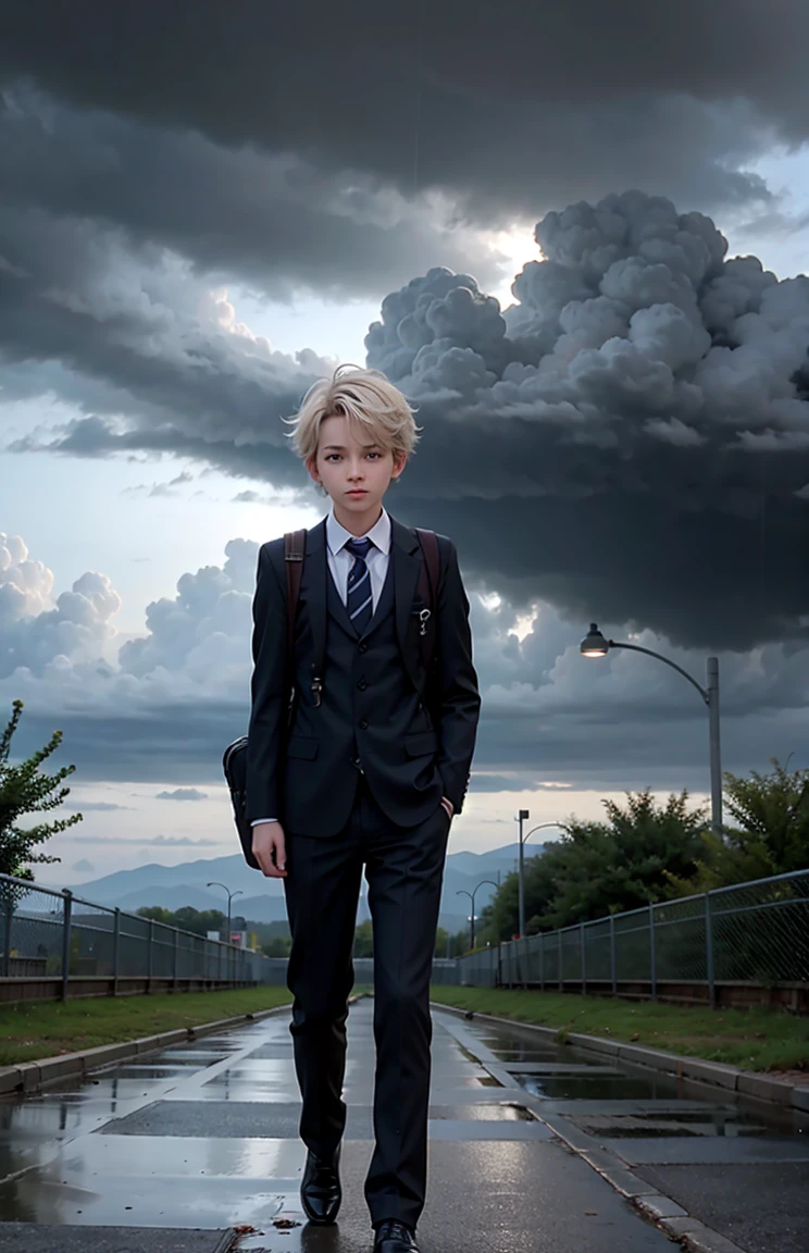 1boy, suit, book bag, storm clouds, looks like rain