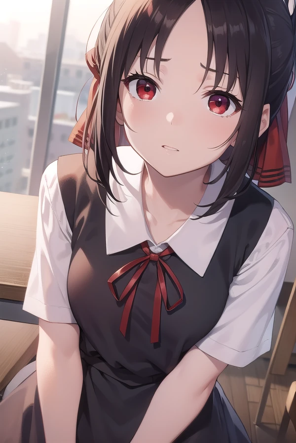 kaguyashinomiya, <lora:kaguyashinomiyatest:1>,
kaguya shinomiya, folded ponytail, forehead, hair ribbon, (red eyes:1.5), red ribbon, ribbon, short hair, sidelocks, (small breast:1.2),
BREAK black dress, dress, pinafore dress, school uniform, shirt, short sleeves, shuuchiin academy school uniform, white shirt,
BREAK looking at viewer,
BREAK indoors, classroom,
BREAK <lora:GoodHands-vanilla:1>, (masterpiece:1.2), best quality, high resolution, unity 8k wallpaper, (illustration:0.8), (beautiful detailed eyes:1.6), extremely detailed face, perfect lighting, extremely detailed CG, (perfect hands, perfect anatomy),