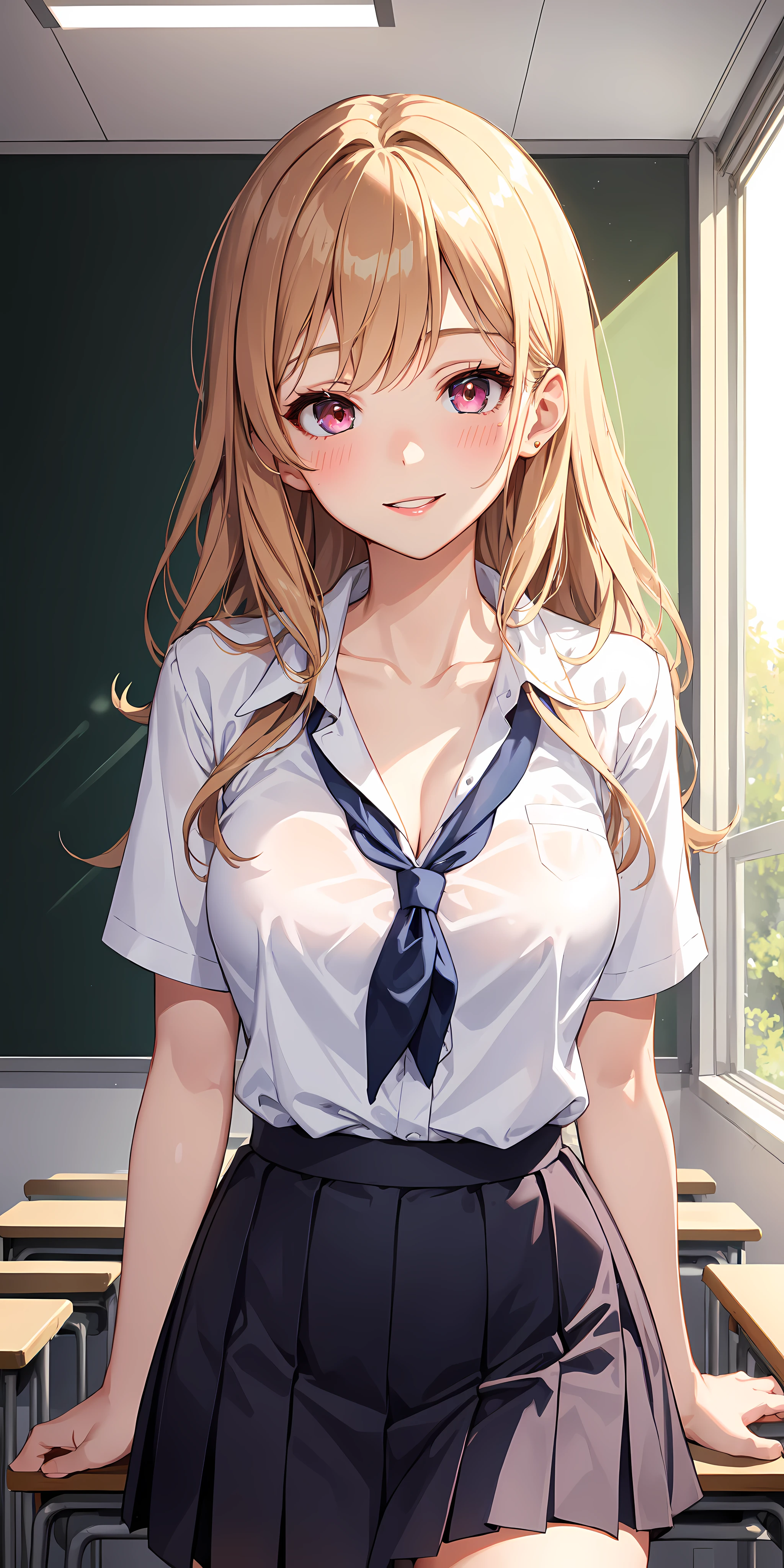 1girl, parted lips, blush, makeup, light smile, school uniform, classroom, light rays, glow, thighs, collarbone, narrow waist, (masterpiece), wallpaper