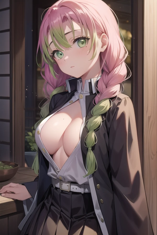 mitsurikanroji, <lora:mitsurikanrojitest:1>,
mitsuri kanroji, braid, gradient hair, (green eyes:1.5), green hair, long hair, mole,  mole under eye, multicolored hair, pink hair, twin braids, two-tone hair,
BREAK belt, black skirt, cleavage, coat, demon slayer uniform, haori, japanese clothes, long sleeves, miniskirt,  partially unbuttoned, pleated skirt, skirt, uniform,
BREAK looking at viewer,
BREAK indoors,
BREAK <lora:GoodHands-vanilla:1>, (masterpiece:1.2), best quality, high resolution, unity 8k wallpaper, (illustration:0.8), (beautiful detailed eyes:1.6), extremely detailed face, perfect lighting, extremely detailed CG, (perfect hands, perfect anatomy),