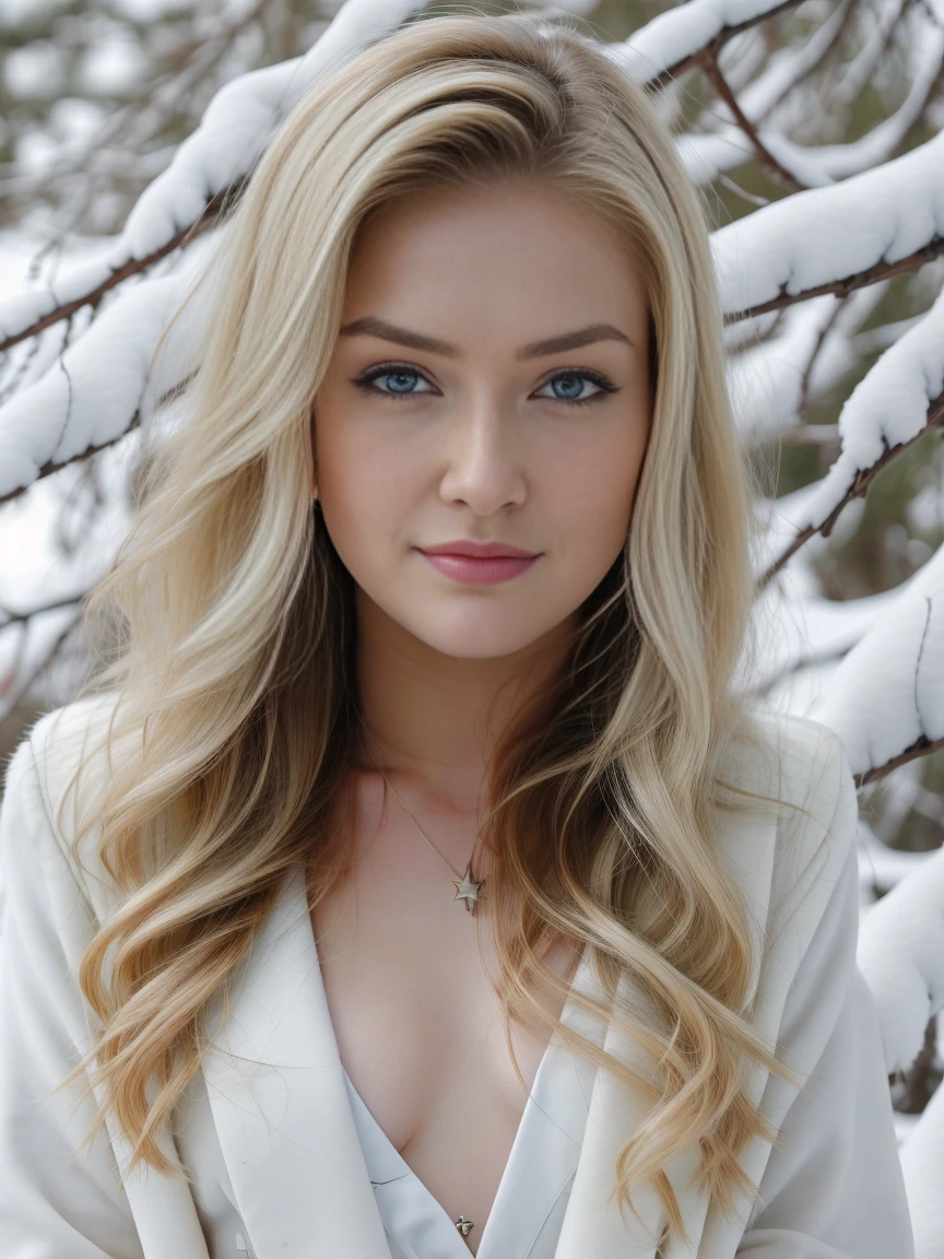 close up of a woman, winter forest, ((heavy snow)), snow in hair, natural skin texture, 24mm, 4k textures, soft cinematic light, RAW photo, photorealism, photorealistic, intricate, elegant, highly detailed, sharp focus, ((((cinematic look)))), soothing tones, insane details, intricate details, hyperdetailed, low contrast, soft cinematic light, dim colors, exposure blend, hdr, faded, BREAK
(fair skin, pale skin), small breasts, makeup, cleavage, BREAK
((night)), ((starry night sky)),  ((snowing)), BREAK
(blonde hair, blue eyes), sweater dress with an open fur coat over shoulders, BREAK
<lora:MCR:1>,