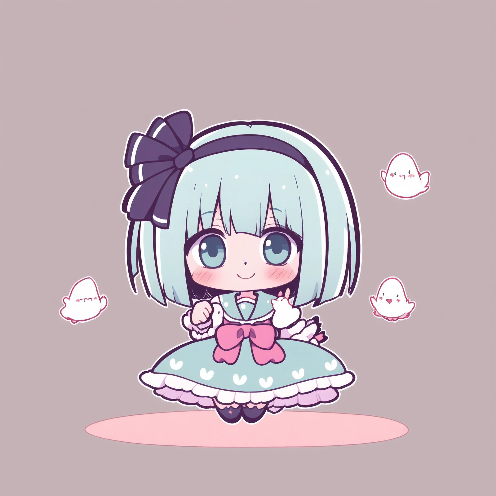 1girl,masterpiece,chibi, commentary request, full body, green hairband, konpaku youmu ghost pose, miko flyttcbluffy  puffy short sleeves, puffy sleeves, rabbit print, ribbon-trimmed skirt, serafuku, shirt tucked in between eyes>, short eyebrows hidden by clothing cutout, short hair with long locks, shoulder cutout, simple background, skirt, smile owl ears, white socks, yurufuwa gumiya, zombie land saga, zabuton academy uniformeski dake ga motenai no wa dou kangaetemo omaera desu ka, zeta gundan fate, zaion gundam wing