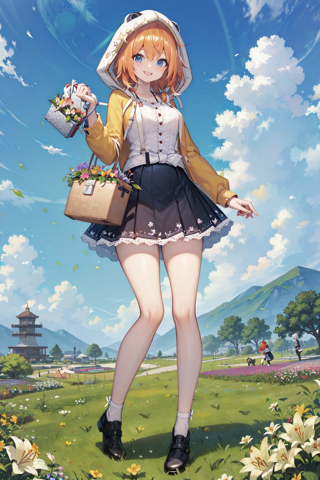 masterpiece, absurdres, highland, mountain, sky, flower garden, lily \(flower\), wind, full body, landscape
standing, holding lunchbox, basket, smile, action
tkle, hood, quilted clothes, orange hair
<lyco:uchihime-twinkle-t2:0.7>