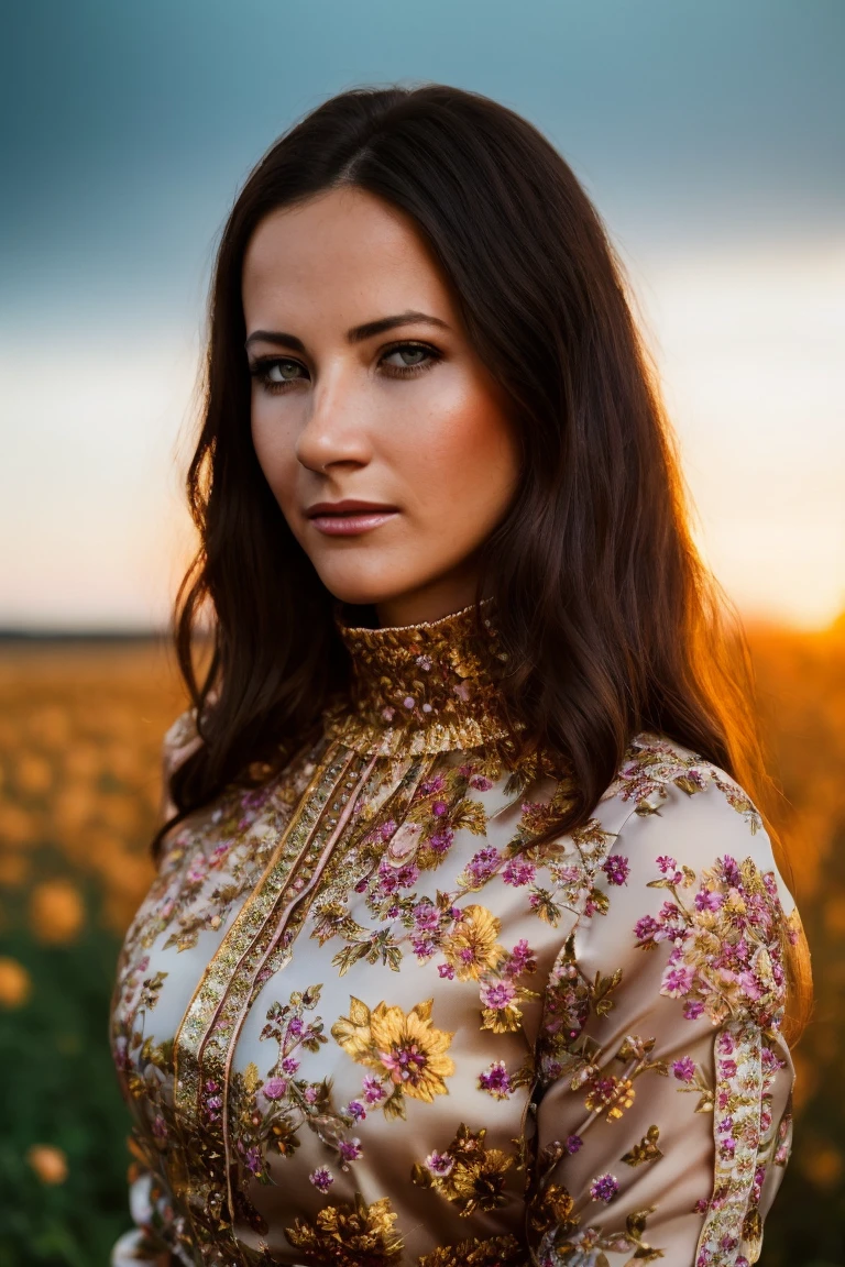 A stunning intricate full color portrait of a beautiful woman wearing a floral high neck blouse,  golden hour, having fun, epic character composition,by ilya kuvshinov, alessio albi, nina masic,sharp focus, natural lighting, subsurface scattering, f2, 35mm, film grain , portait, closeup, very detailed skin texture   <lora:LaurenCrist:1>