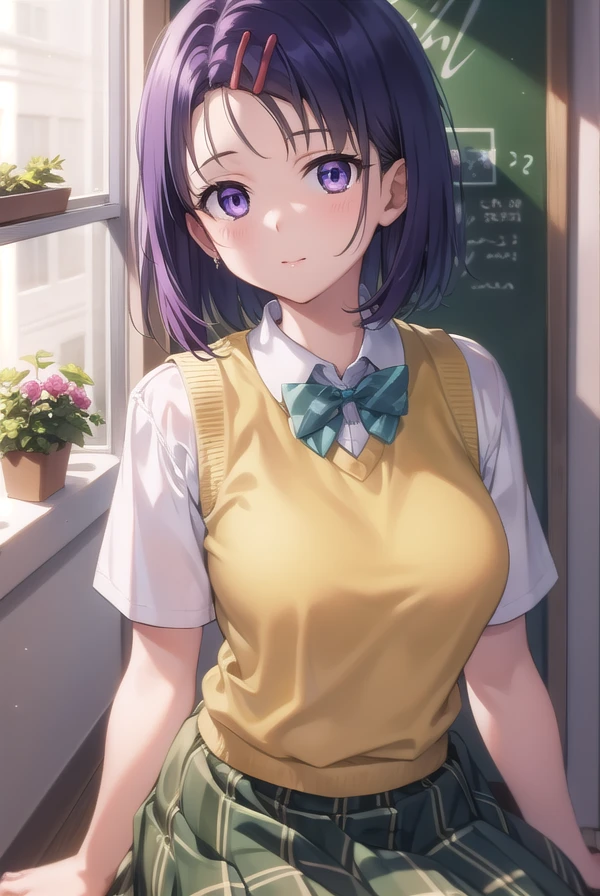 harunasairenji, <lora:harunasairenjitest:1>,
haruna sairenji, hair ornament, hairclip, (purple eyes:1.1), purple hair, short hair, swept bangs, forehead,
BREAK green skirt, plaid, plaid skirt, sainan high school uniform, school uniform, skirt, sweater vest, (yellow sweater:1.3), short sleeves,,
BREAK looking at viewer,
BREAK indoors, classroom,
BREAK <lora:GoodHands-vanilla:1>, (masterpiece:1.2), best quality, high resolution, unity 8k wallpaper, (illustration:0.8), (beautiful detailed eyes:1.6), extremely detailed face, perfect lighting, extremely detailed CG, (perfect hands, perfect anatomy),