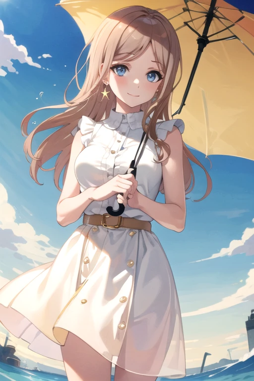 <lora:NagasakiSoyo-10:0.7> , soyomygo, 1girl, solo, long hair, looking at viewer, smile, blue eyes, skirt, blonde hair, shirt, dress, jewelry, closed mouth, white shirt, earrings, sleeveless, collared shirt, belt, white dress, dutch angle, umbrella, water drop, holding umbrella, star earrings