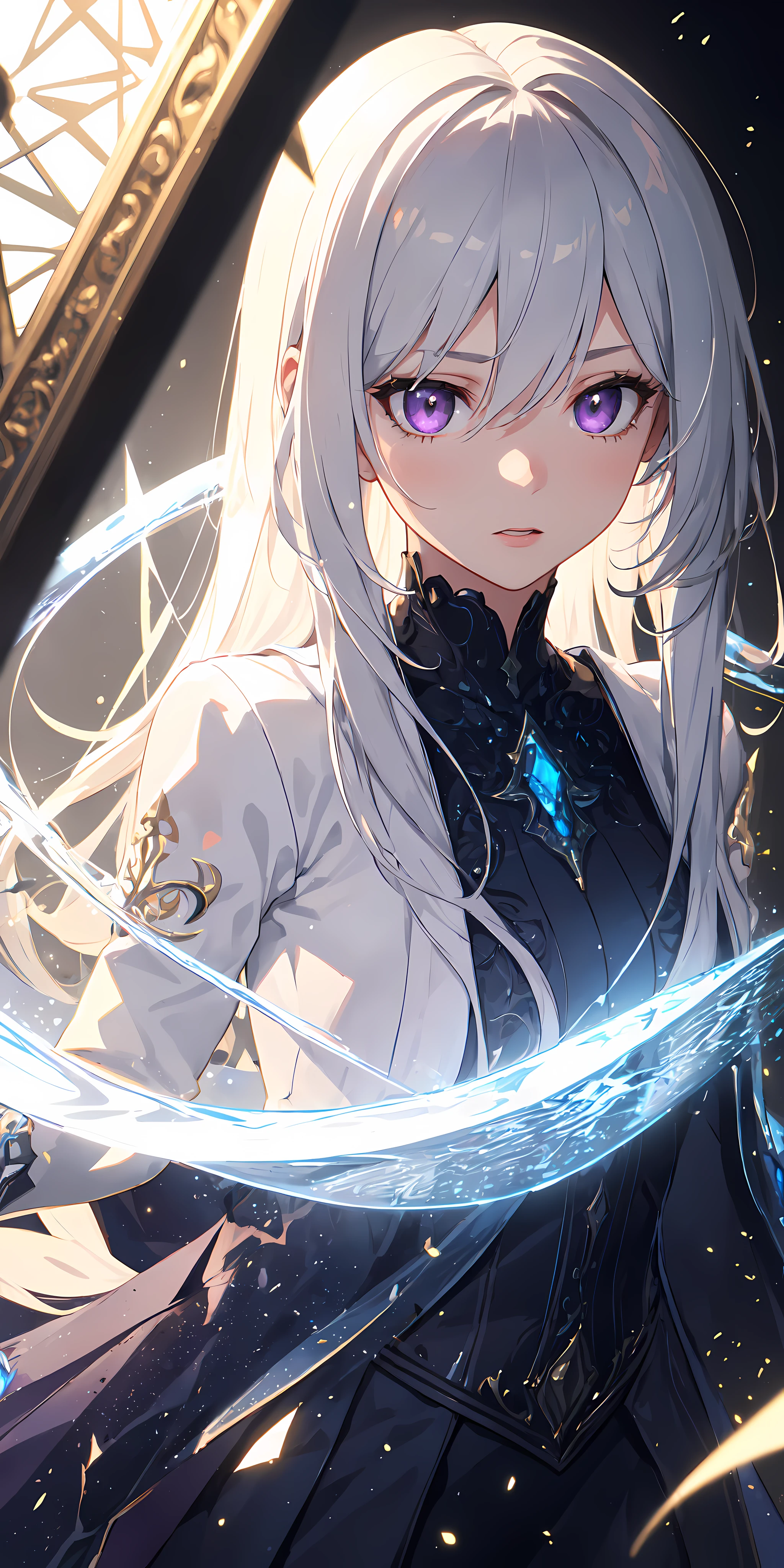 (masterpiece, best quality, ultra-detailed, best shadow), (detailed background,dark fantasy), (beautiful detailed face), high contrast, (best illumination, an extremely delicate and beautiful), ((cinematic light)), colorful, hyper detail, dramatic light, intricate details, (1girl, solo,white hair, sharp face,purple eyes, hair between eyes,dynamic angle), blood splatter, swirling black light around the character, depth of field,black light particles,(broken glass),magic circle,