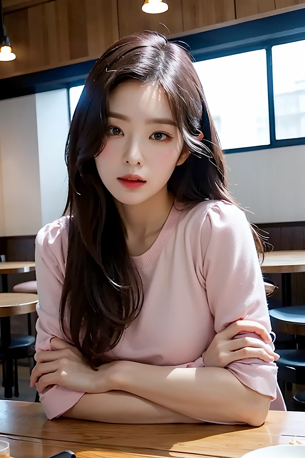 Best quality, masterpiece, ultra high res, (photorealistic:1.4), raw photo, 1girl, inside cafe, closeup, looking at viewer, long hair