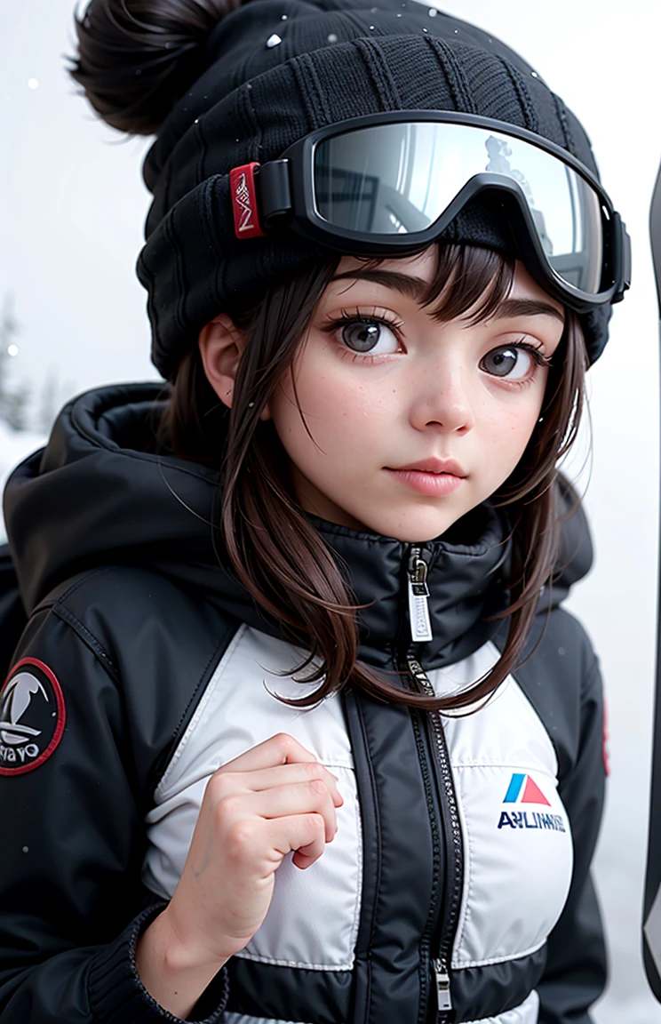 1girl, snowboarder, alpine, beanie, goggles, snowing,