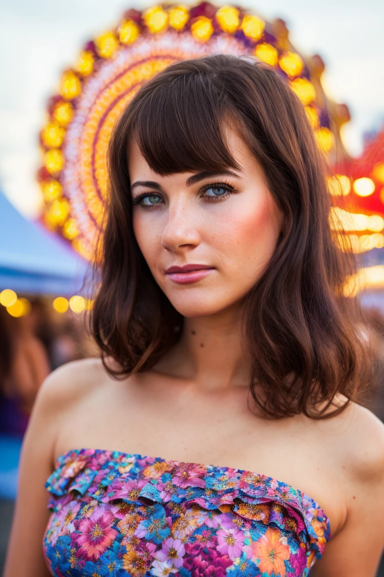 A stunning intricate full color portrait of a beautiful woman wearing a floral dress, crowded fairground,  golden hour, happy, epic character composition,by ilya kuvshinov, alessio albi, nina masic,sharp focus, natural lighting, subsurface scattering, f2, 35mm, film grain , portait, closeup, very detailed skin texture   <lora:LaurenCrist:1>