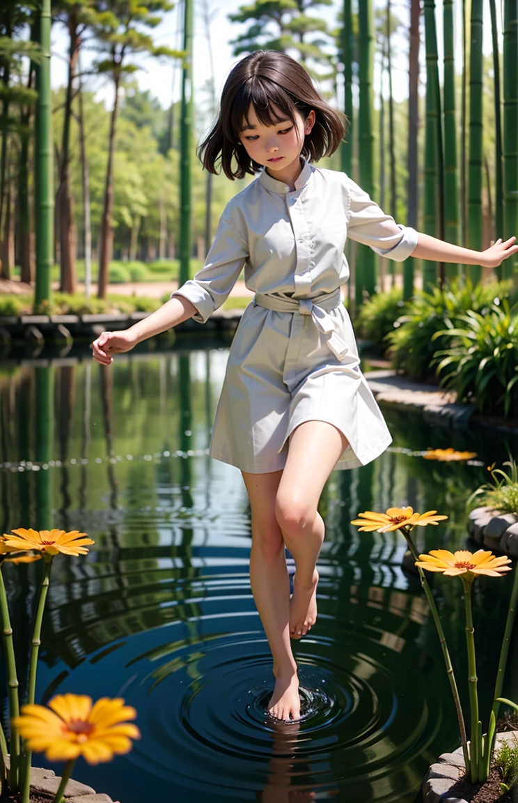 1girl, forest, bamboo, motion, blurry, bokeh, traditional, pond