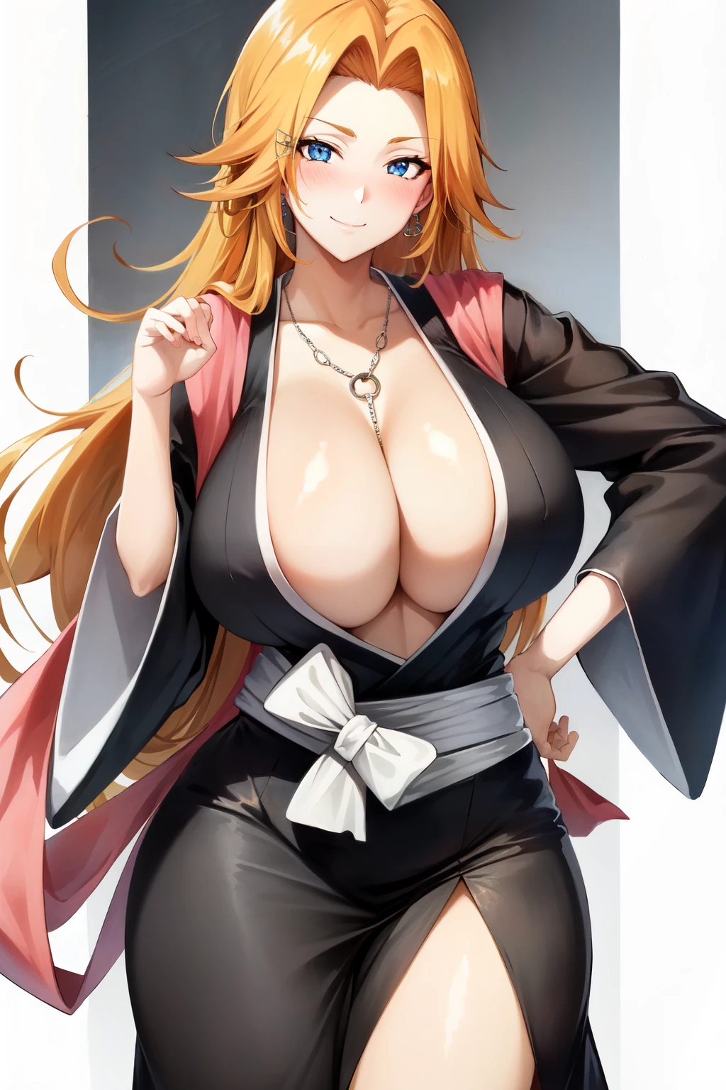 matsumoto rangiku, white background, sash, hand on hip, orange hair, jewelry, wide sleeves,  long hair, japanese clothes, smile, simple background, blue eyes, huge breasts, large breasts, 1girl, looking at viewer, haori, necklace, cleavage, shiny, blush, solo<lora:matsumoto_rangiku:1>