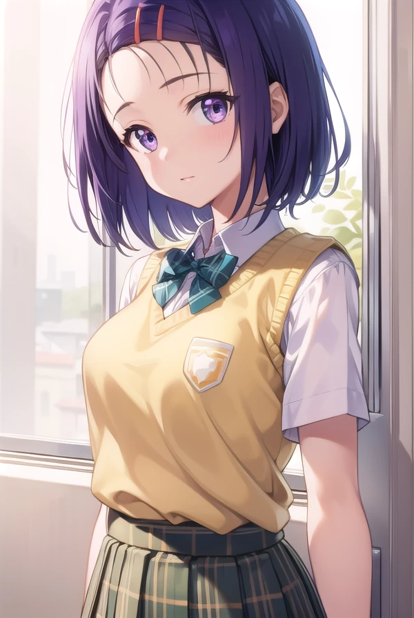 harunasairenji, <lora:harunasairenjitest:1>,
haruna sairenji, hair ornament, hairclip, (purple eyes:1.1), purple hair, short hair, swept bangs, forehead,
BREAK green skirt, plaid, plaid skirt, sainan high school uniform, school uniform, skirt, sweater vest, (yellow sweater:1.3), short sleeves,,
BREAK looking at viewer,
BREAK indoors, classroom,
BREAK <lora:GoodHands-vanilla:1>, (masterpiece:1.2), best quality, high resolution, unity 8k wallpaper, (illustration:0.8), (beautiful detailed eyes:1.6), extremely detailed face, perfect lighting, extremely detailed CG, (perfect hands, perfect anatomy),