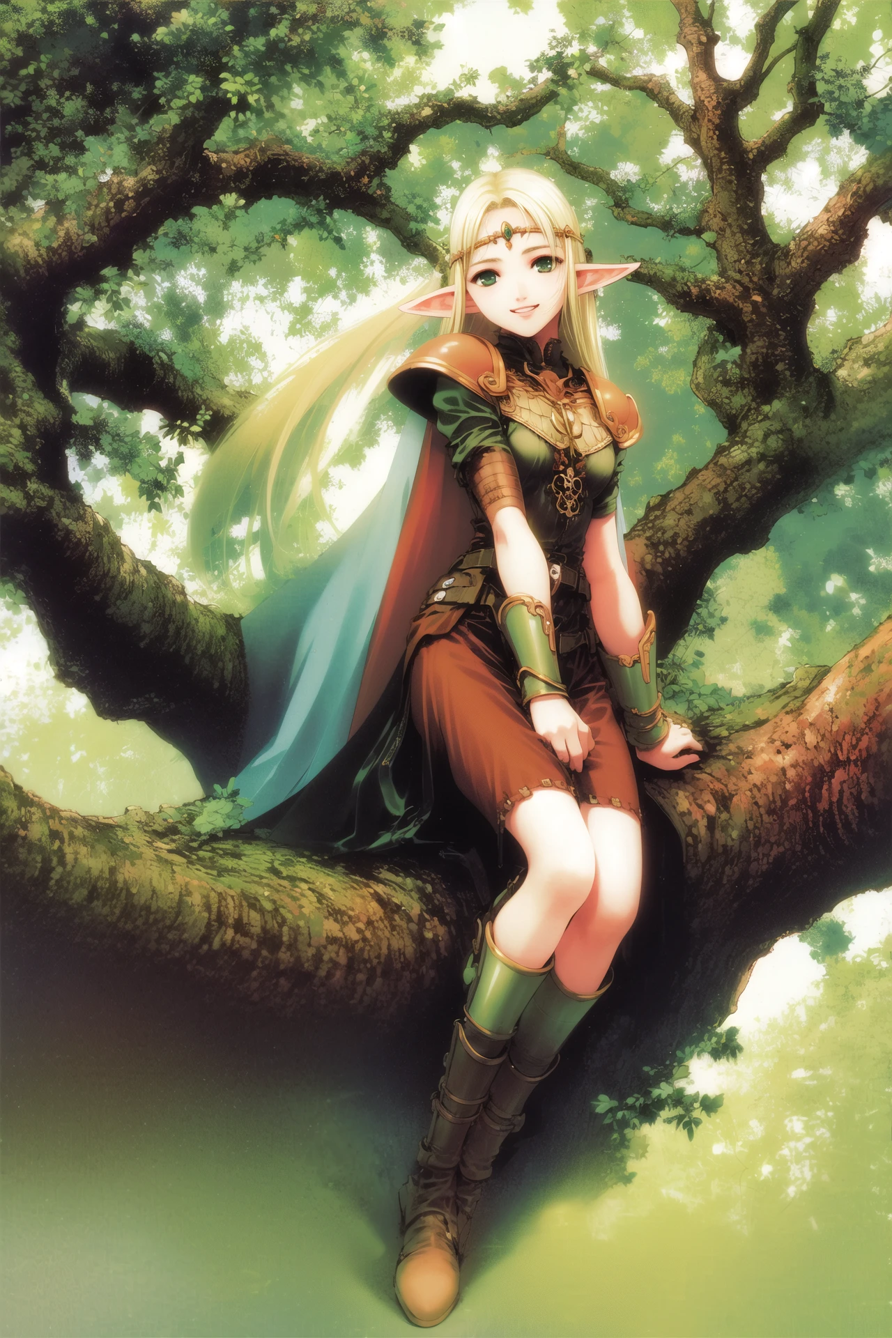 1girl, pointy ears, solo, long hair, elf, armor, tree, sitting, blonde hair, cape, boots, green eyes, circlet, smile,  <lora:msbqy:0.9>