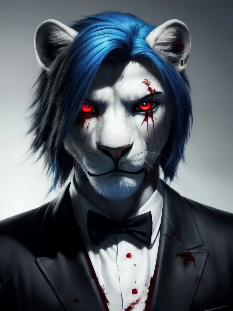 photorealistic, photo, realistic, lion, blue hair, red eye, white body, hitman, black suit, high angle, look at viewer, stare, blood, cyberpunk, hairstyle