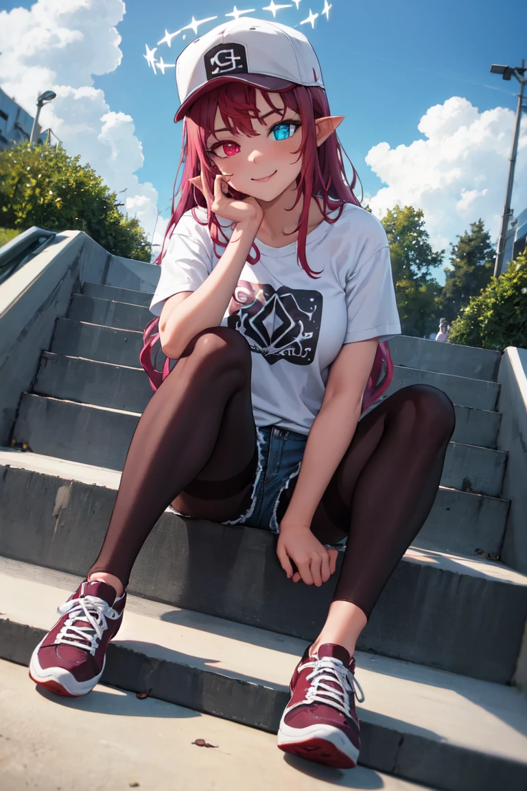 masterpiece, best quality, absurdres, perfect anatomy, IrysHolo, heterochromia, long hair, halo, baseball cap, graphic tee, denim shorts, pantyhose under shorts, sitting, stairs, outdoors, city, dutch angle, sneakers, smile, <lora:Irys:1.0>