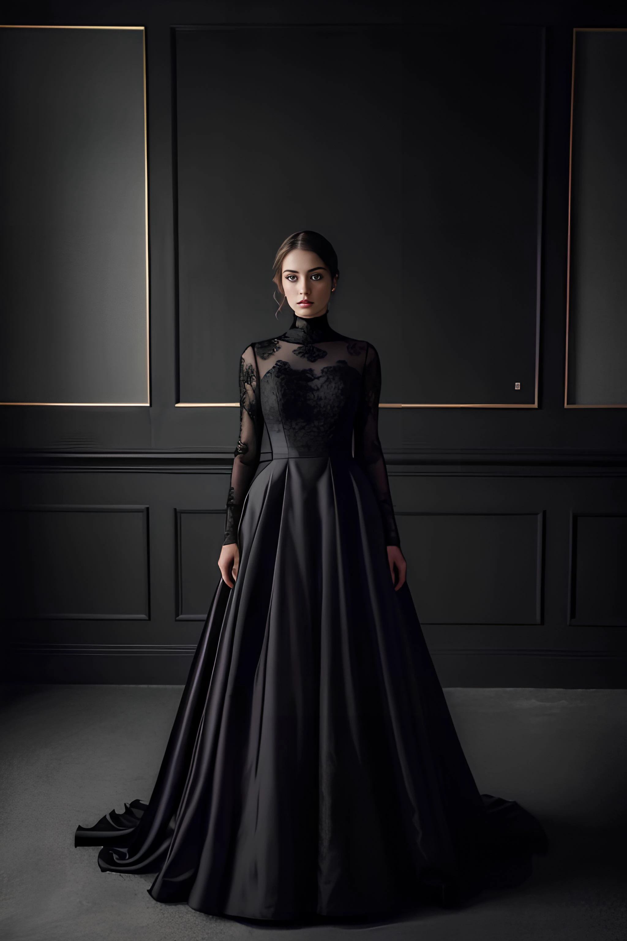 stunning photorealistic of 1girl, high neck gown, dark theme, dark scene, dark atmosphere, masterpiece, high detail, best quality, raw photo, (photorealistic:1.4), (hdr:1.4)