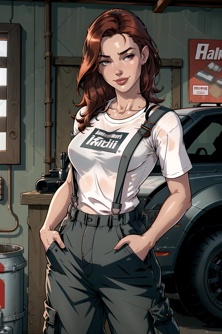 (detailed), beautiful woman, dark red hair, pale skin, wearing loose [black:dark blue:0.5] baggy racing cargo pants full [jumpsuit|overalls], (baggy loose untucked tshirt), branded yokohama logo clothes, racing neck brace, oily sweaty grimy skin, threadbare scuffed clothes, smirk, lips parted, detailed wet hair, (racing harness), dirty, car mechanic, garage, ((high detailed skin, skin details)), detailed cloth folds, detailed cluttered busy small run down garage background, indoors, hand in pocket, 8k uhd, dslr, high quality, film grain, (intricate linework:1) outlines, professional comic book style <lora:stylesqueeze_v2:0.9>, flat colors, (flat shaded:1)