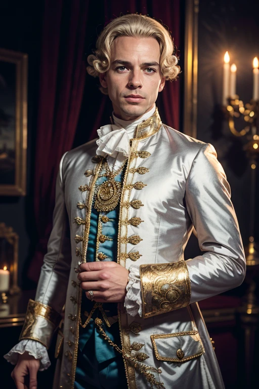 1man, photography, man wear frenchcourtsuit  in palace, silver wig, golden, paintings, ornate, details, ornament, dim light, dawn, bokeh background, <lora:ARWCourtSuit:1> <lora:ARWBedroomGothic:0.6>