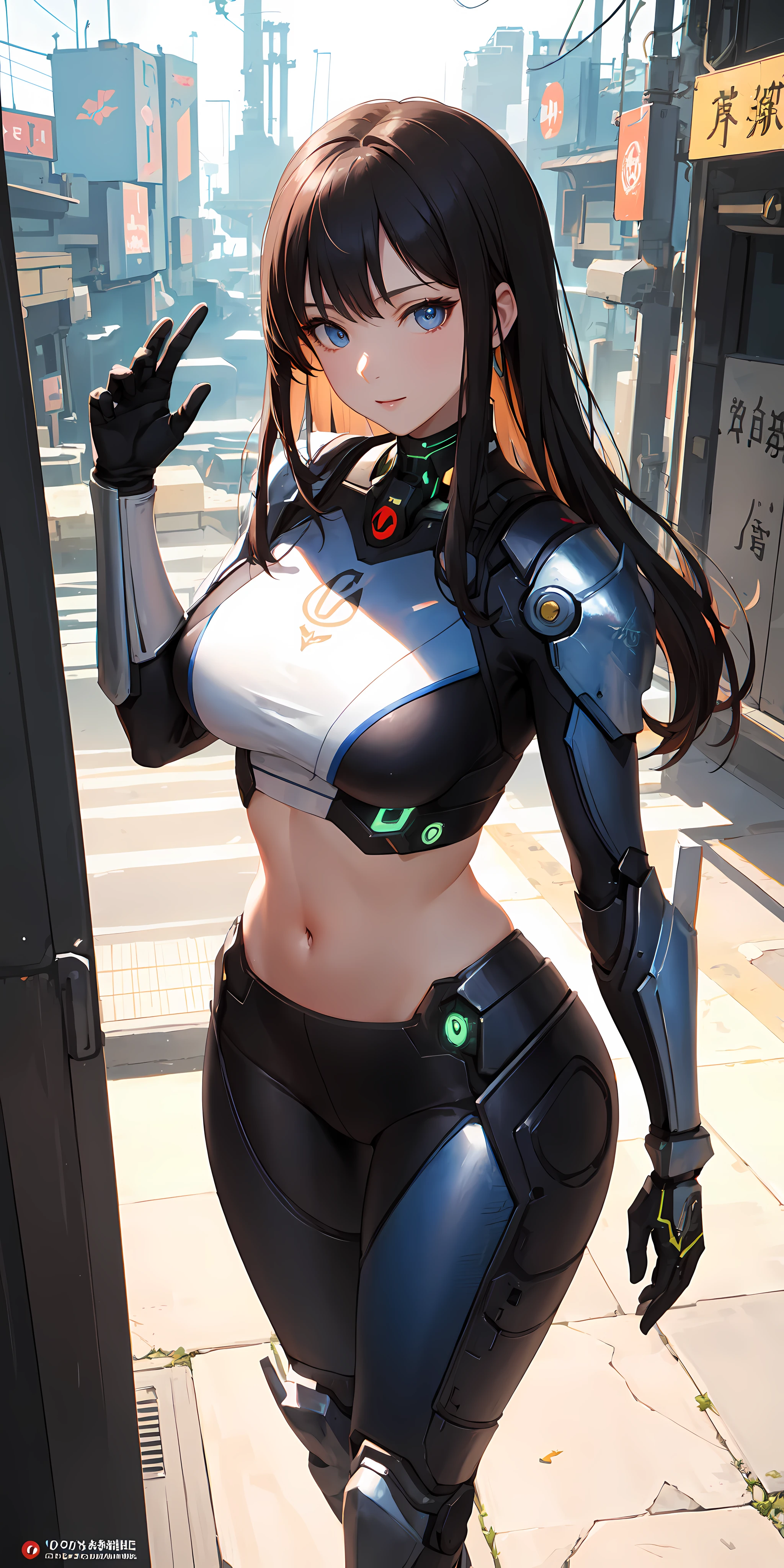 (masterpiece, sidelighting, finely detailed beautiful eyes: 1.2), (Overhead view),dynamic angle,cyberpunk japanese armor, backlighting, (midriff)