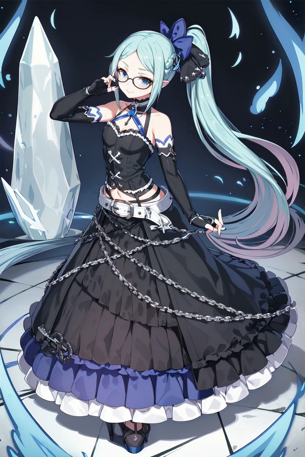 nsfw, absurdres, (blue flames:1.2), huge ice block, full body,
standing, adjusting eyewear, smug face,
solo, girl on left side, ririi, very long hair, side ponytail, fashion, black gloves, elbow gloves, fingerless gloves, black dress, bare shoulders, navel, black skirt, long skirt, frills, belt, high heels, chain, cross
<lyco:gomaotsu-lily-t2-000050:0.7>