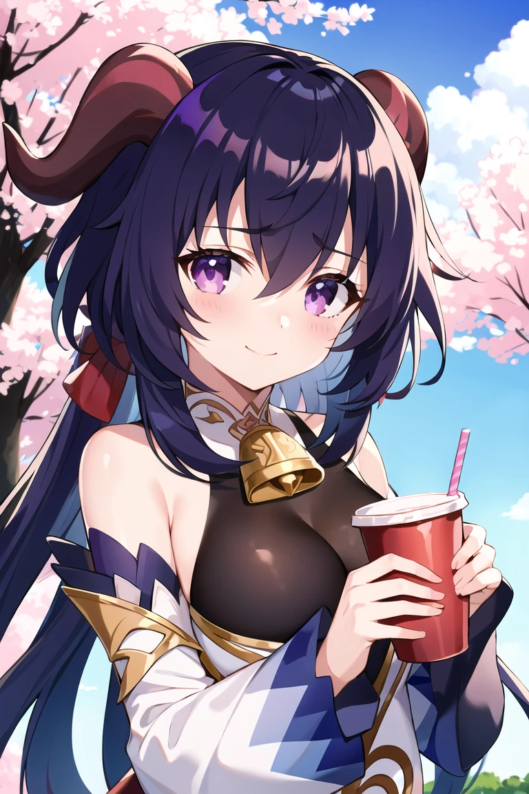 highres, promotionalart, bell, ganyu \(genshin impact\), horns, breasts, 1girl, cherry blossoms, rating:safe, detached sleeves, cowbell, purple eyes, bare shoulders, smile, ahoge, tree, goat horns, solo, upper body, looking at viewer, neck bell, collar, petals, cloud, blush, sky, outdoors, cloudy sky, light blue hair:1.2, bangs, eyebrows visible through hair, closed mouth, long sleeves, red ribbon, white sleeves, bodysuit, cup, gradient sky, drinking straw