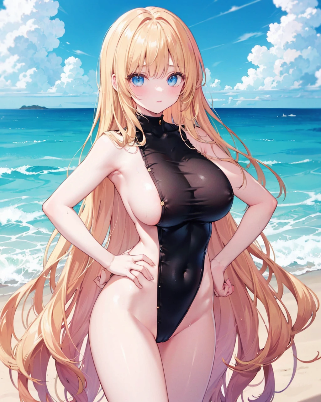 1girl,solo,huge breasts, blonde hair, blue eyes, very long hair,
leotard,bare legs, bare arms,
<lora:SidelessLeotard:1>,
standing,hand on hip, seaside,blue sky, no_panties,sideboob,sideless,facing viewer,