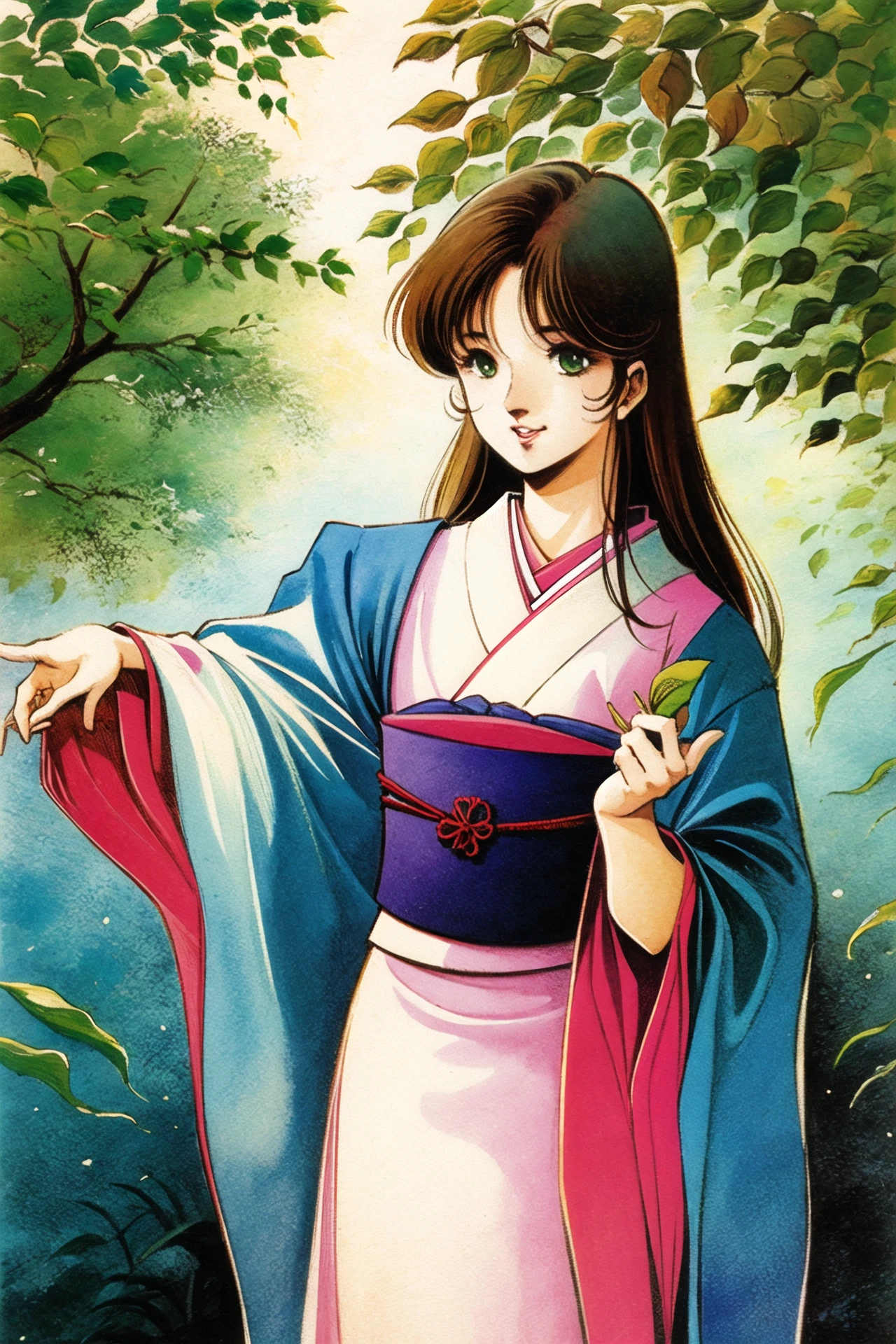 1girl,solo,japanese clothes, brown hair, 1980s (style), traditional media, kimono, retro artstyle, green eyes, long hair, painting (medium), watercolor (medium), <lora:msbqy:0.8>