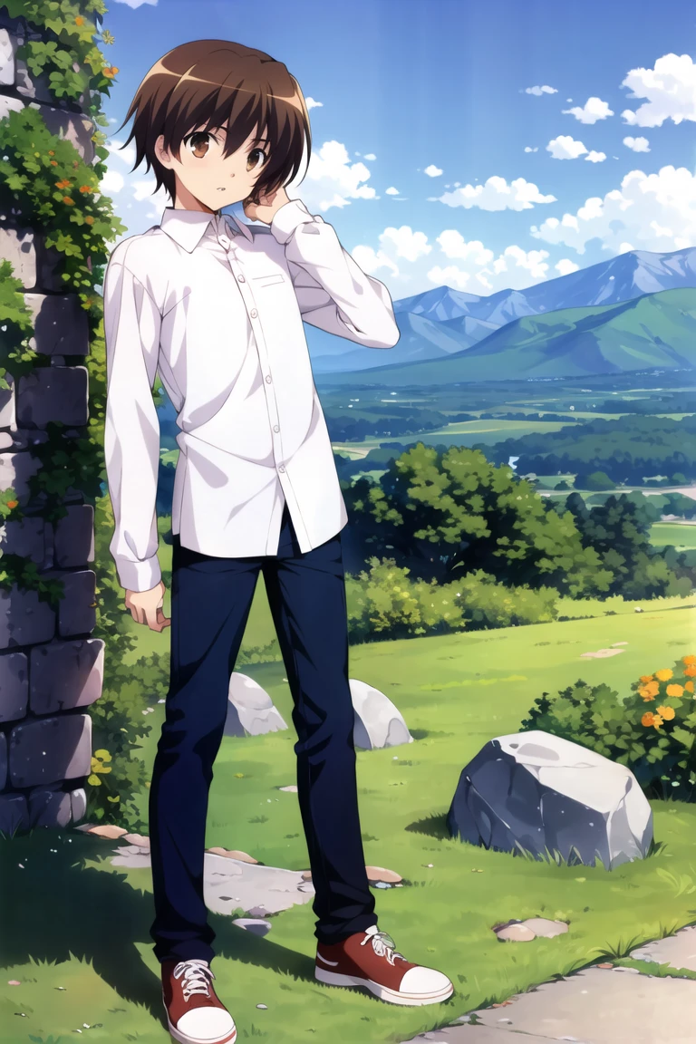 highres, promotionalart, 1boy, solo, male focus, brown_eyes, brown_hair, parted lips, short_hair, white shirt, long sleeves, blue pants, shoes, standing, outdoors, mountain, stone, day, wall, dutch angle,