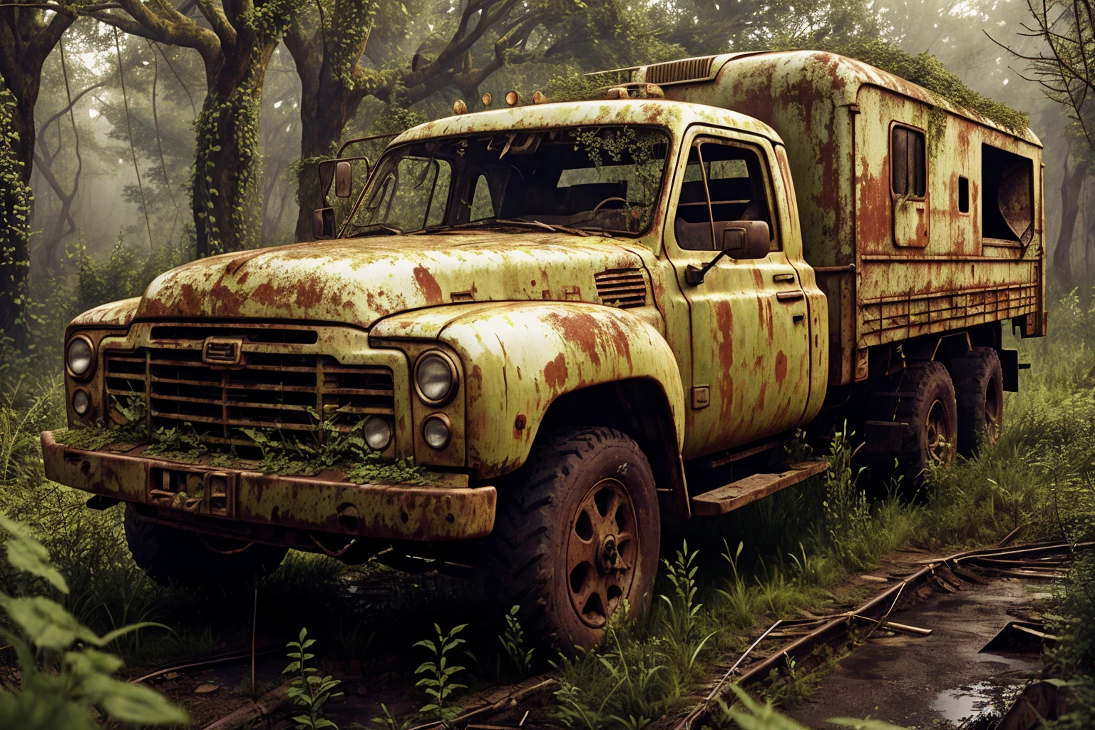 8k, realistic, vray, HDR, 6000K, overgrown, truck <lora:PostApocalyptic5:0.6> SZ_4po enviroment