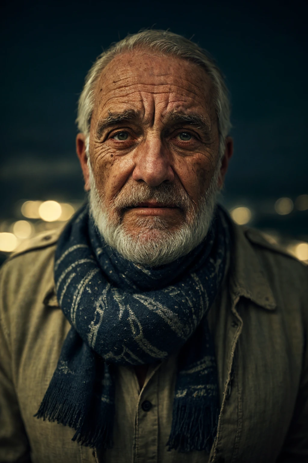 award winning upper body portrait photo of a man an old screaming sailor, wearing scarf, eyes looking upwards, (bokeh:0.7), sidelit, (wrinkled face in detail:0.7), telephoto, moonlit, torchlit, gritty atmosphere, oceanic night exterior, realistic, intricate details, true aged skin texture