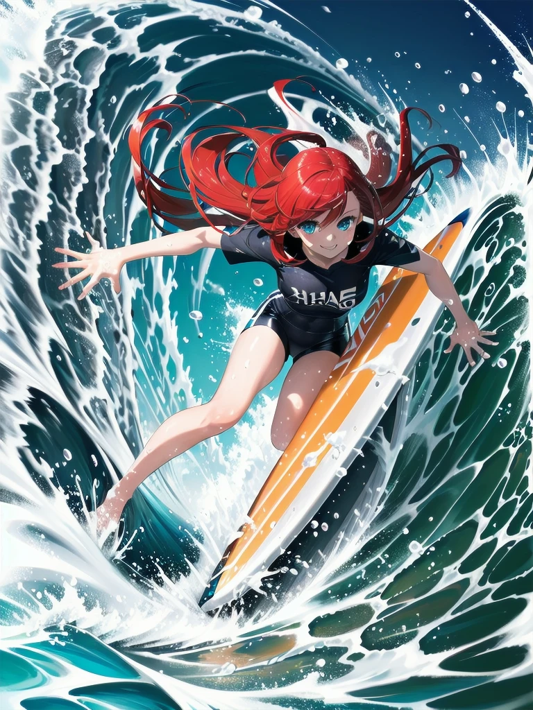 masterpiece,  
1girl, red hair, aqua eyes, smile, 
motion lines, motion blur, 
 <lora:Crazy bukkake:0.6>ocean,surfing,