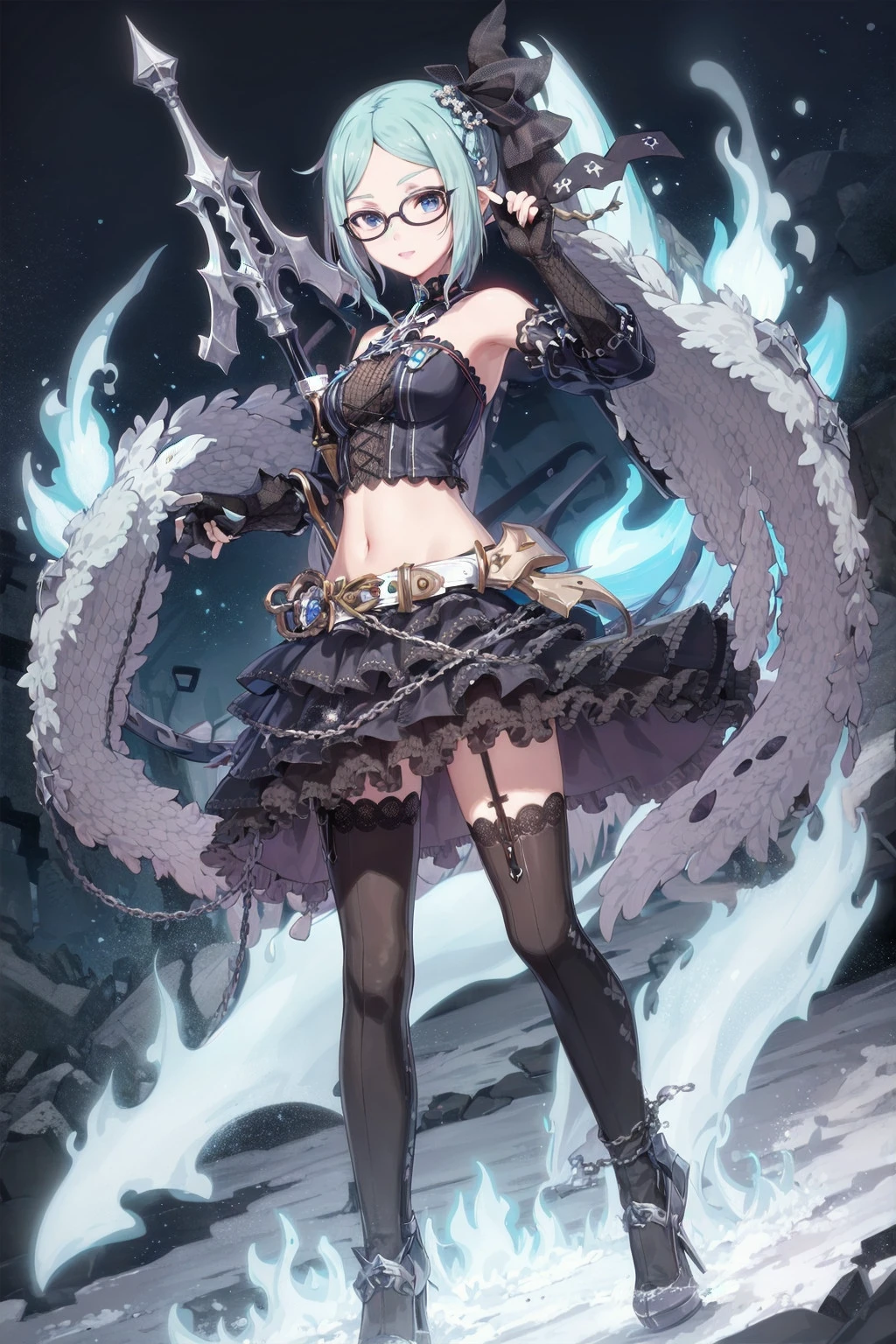 nsfw, absurdres, (blue flames:1.2), large ice rock, full body, ruins,
standing, adjusting eyewear, smug face, holding spear, spear, polearm
solo, ririi, very long hair, side ponytail, fashion, black gloves, elbow gloves, fingerless gloves, black dress, bare shoulders, navel, black skirt, long skirt, frills, belt, high heels, chain, cross
<lyco:gomaotsu-lily-t2-000050:0.7>