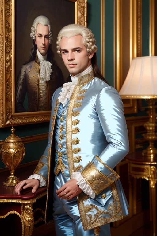 1man, photography, man wear frenchcourtsuit  in palace, silver wig, pastel, blue satin, golden, paintings, ornate, details, ornament, dim light, dawn, bokeh background, <lora:ARWCourtSuit:1> <lora:ARWBedroomGothic:0.6>