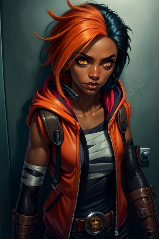 Shayne, multicolored hair, ,dark skin ,bangs, upper body, close up, orange eyes,
ShaAtt, hood down, black elbow gloves, arm bandages, pants, sneakers, belt, bar shoulders. sleeveless, zipper up, closed jacket,
cgangstas paradise, prison cell,
(insanely detailed, beautiful detailed face, masterpiece, best quality) <lora:Shayne:0.7>