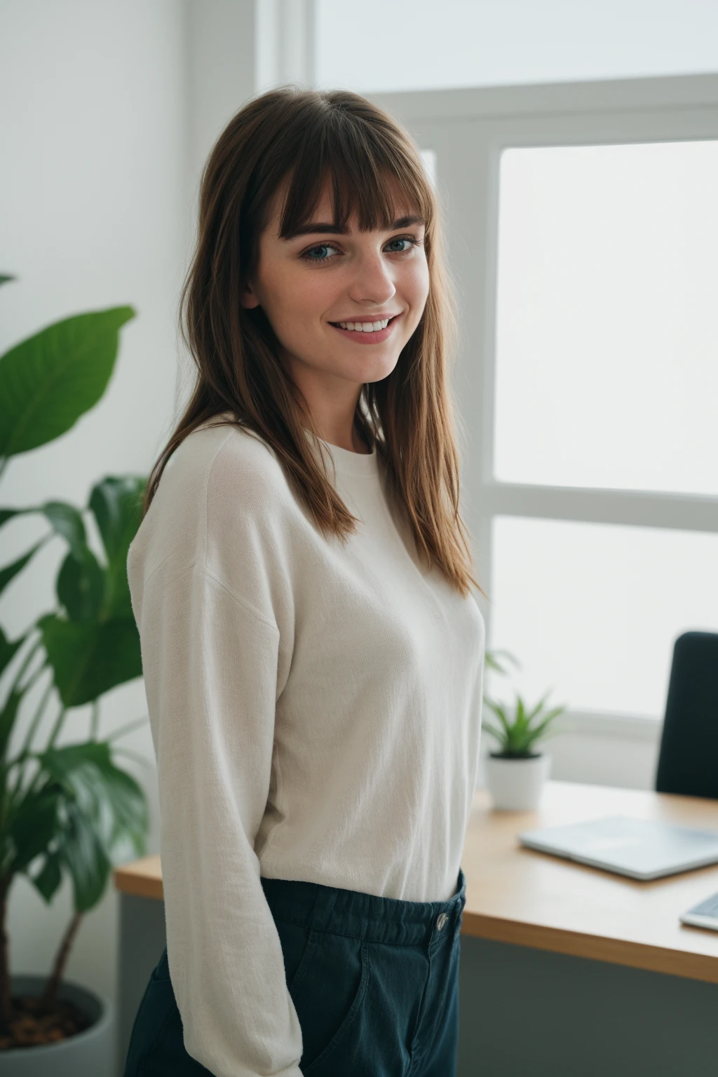 RAW Photo, DSLR BREAK a young woman with bangs, (light smile:0.8), (smile:0.5), wearing relaxed shirt and trousers, causal clothes, (looking at viewer), focused, (modern and cozy office space), design agency office, spacious and open office, Scandinavian design space BREAK detailed, natural light