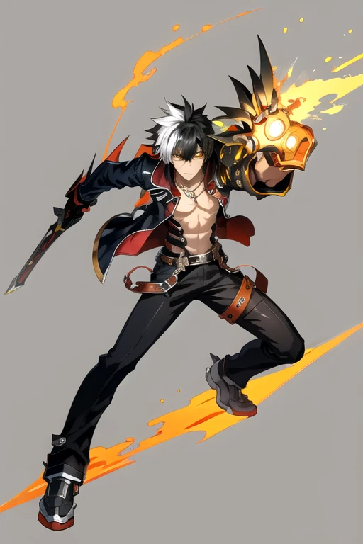 <lora:RavenV2-10:0.7> , ravenc, solo, shirt, black hair, gloves, 1boy, jewelry, jacket, yellow eyes, weapon, white hair, male focus, belt, pants, sword, necklace, black pants, fire, spiked hair, claws, mechanical arms, single mechanical arm