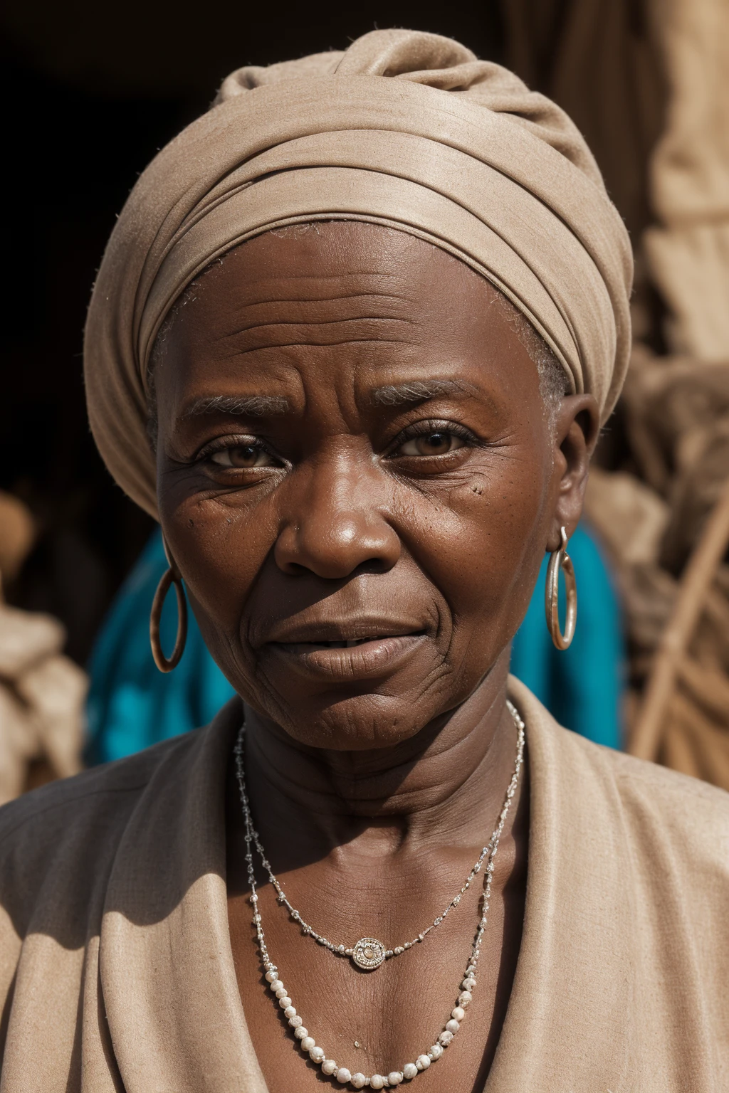 a 70 year old African woman, 30s style cotton clothes, sitting on a porch of an old country house, smoking a cigarette, detailed skin, marks on the skin, defined face, loose hair