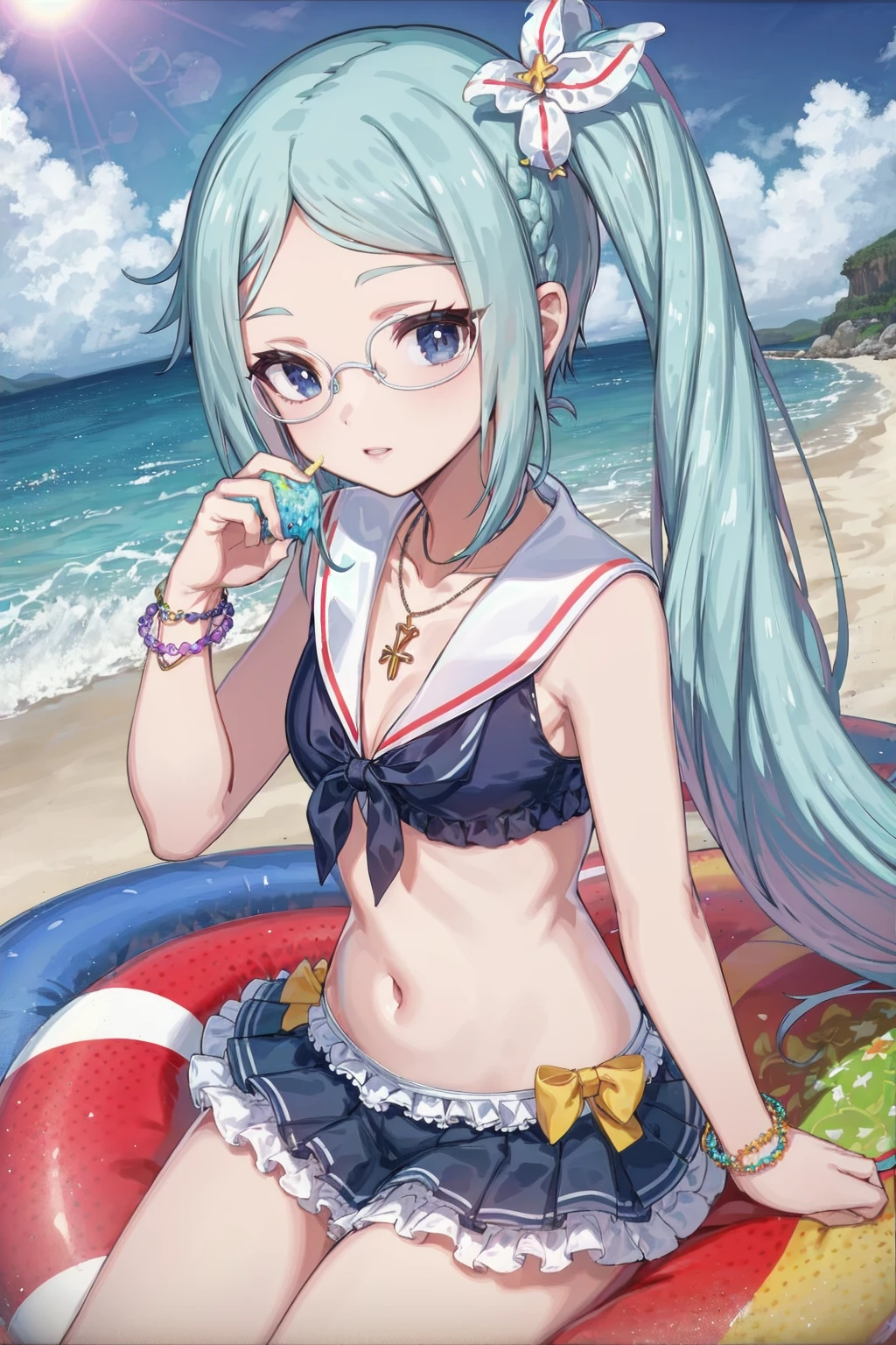 absurdres, beach, sky, sunshine,
sitting, shaved ice、
ririi, side ponytail, hair ornament, blue bikini, sailor bikini, white sailor collar, necklace, bracelet. blue bow, frilled bikini skirt, striped
<lyco:gomaotsu-lily-t2-000050:0.7>