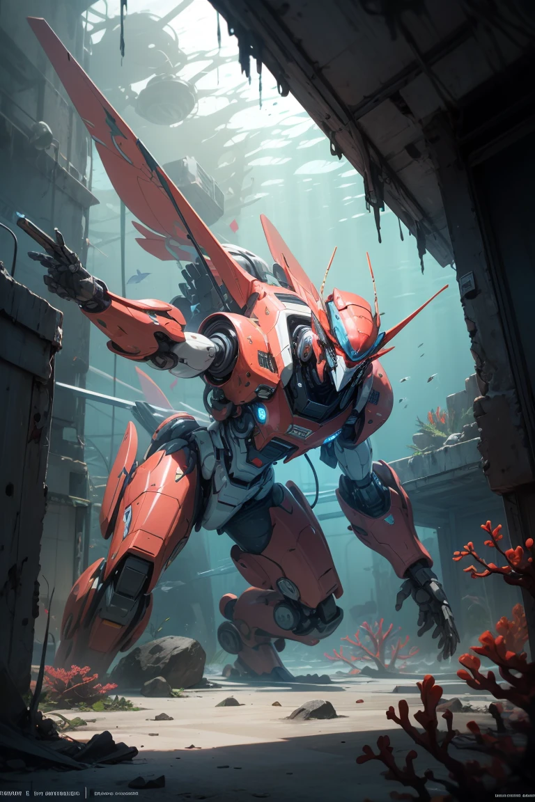 underwater,physically-based rendering,cinematic shot,best quality, [insect :robot:0.5] ,robot_mecha,scenery,shimmering coral,battlefield,debris,alien craft,lazers,