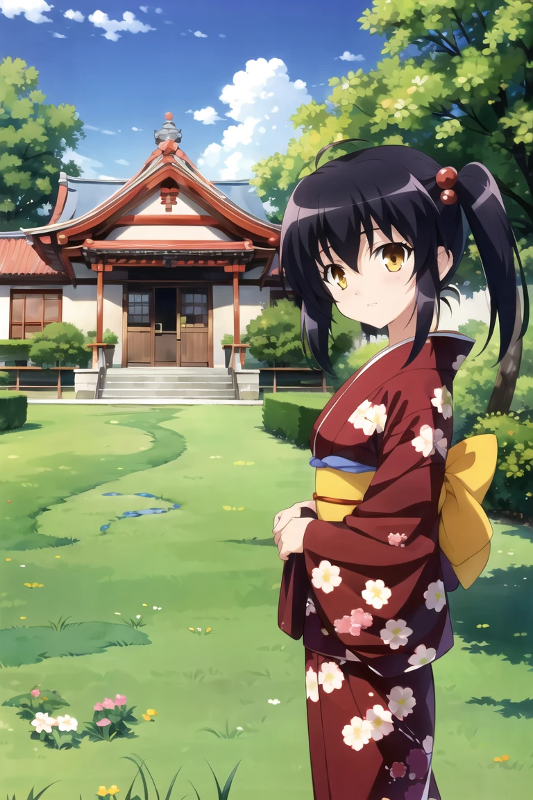 highres, promotionalart, short hair, twintails, two side up, hair bobbles, kimono, red kimono, outdoors, house, steps, grass, day,black hair, medium breasts, v arms,yellow eyes,